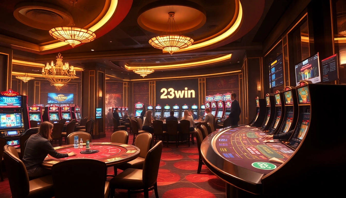 Experience the thrilling atmosphere of 23win's luxurious online casino with elegant gaming tables and dynamic live action.