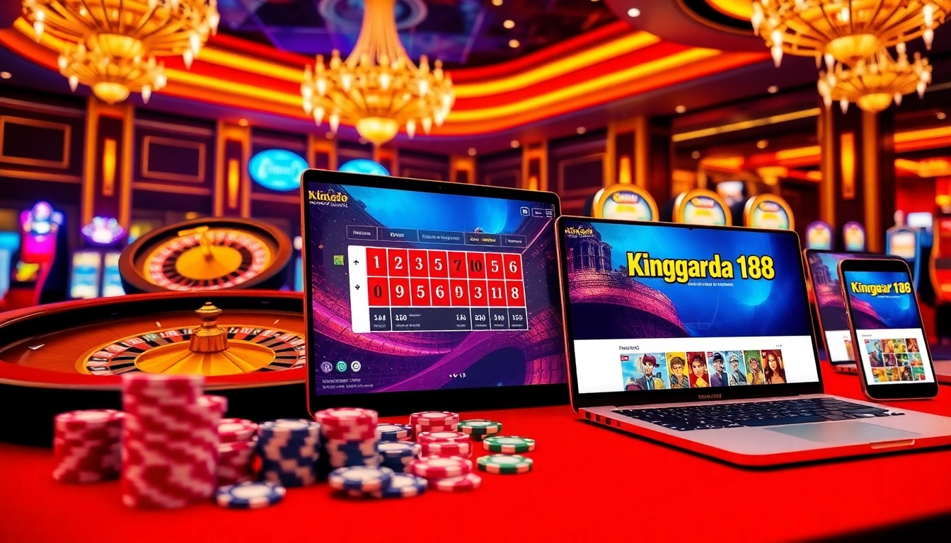 Win big at kinggaruda138 with engaging casino visuals featuring poker chips and slot machines.