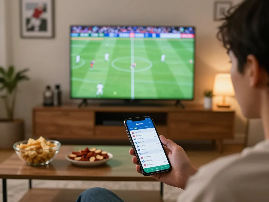 Home betting activity tracking live kèo nhà cái hôm nay on smartphone while watching a sports match.