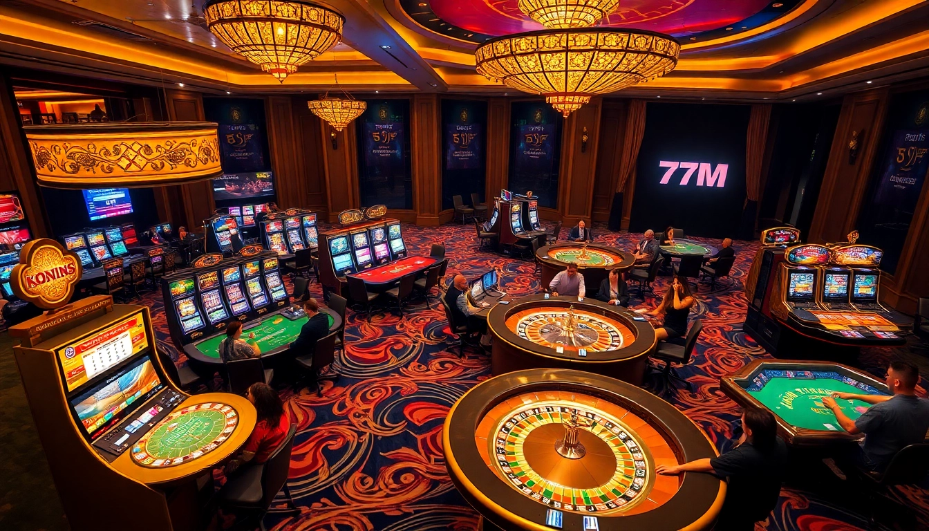 Players celebrating a win at a luxury casino featuring 7M branded gaming tables and vibrant slot machines.