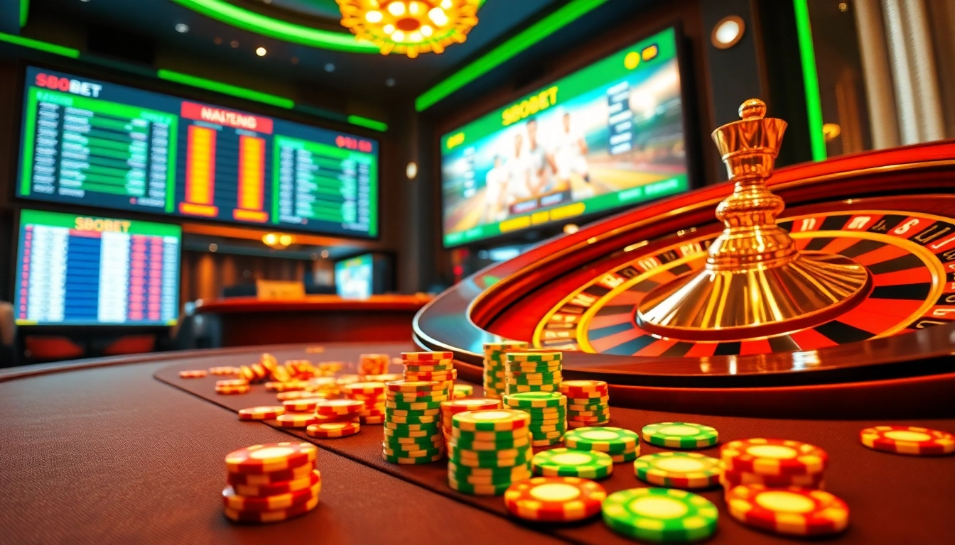 Sbobet login Indonesia with an engaging online sportsbook setup featuring a roulette wheel and vibrant betting slips.