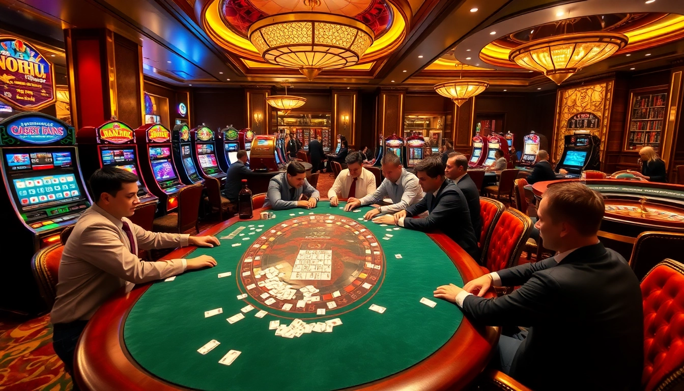 Nohu inspired poker players intently playing at a luxury casino table amidst vibrant slot machines.