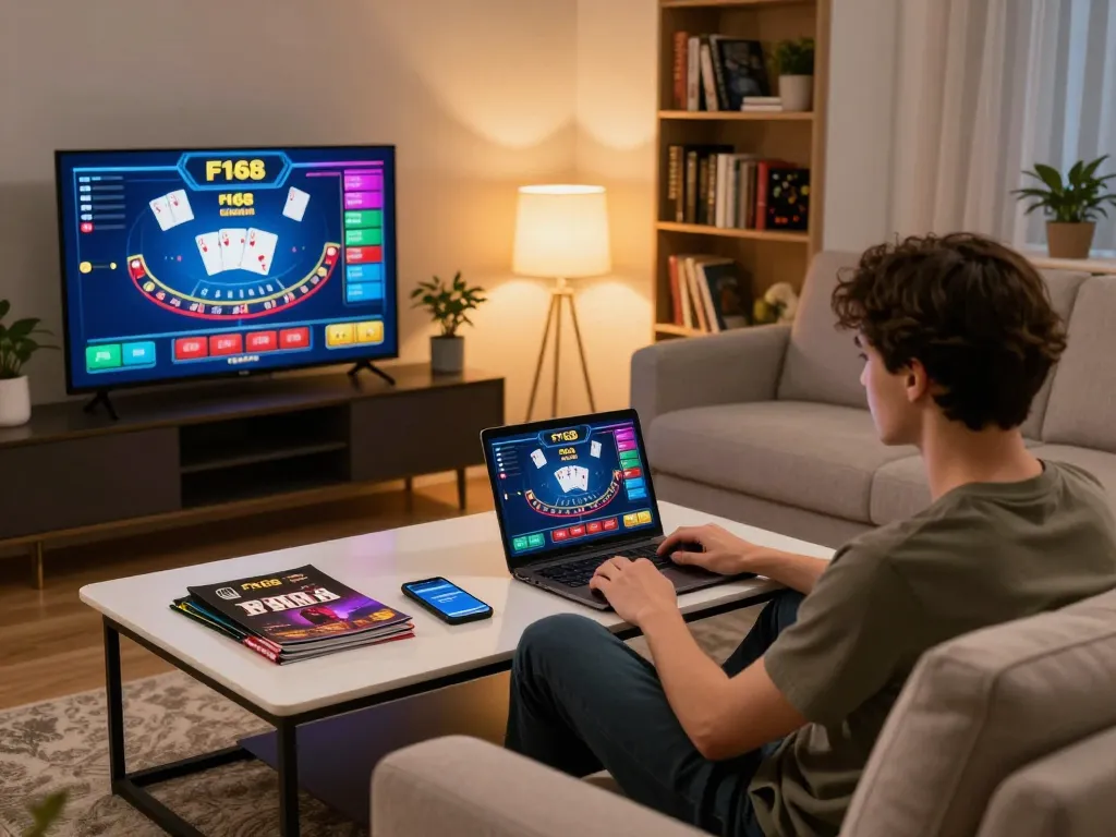 Player enjoying F168 online gaming experience on a laptop at home, showcasing a strategic blackjack game with vibrant visuals.