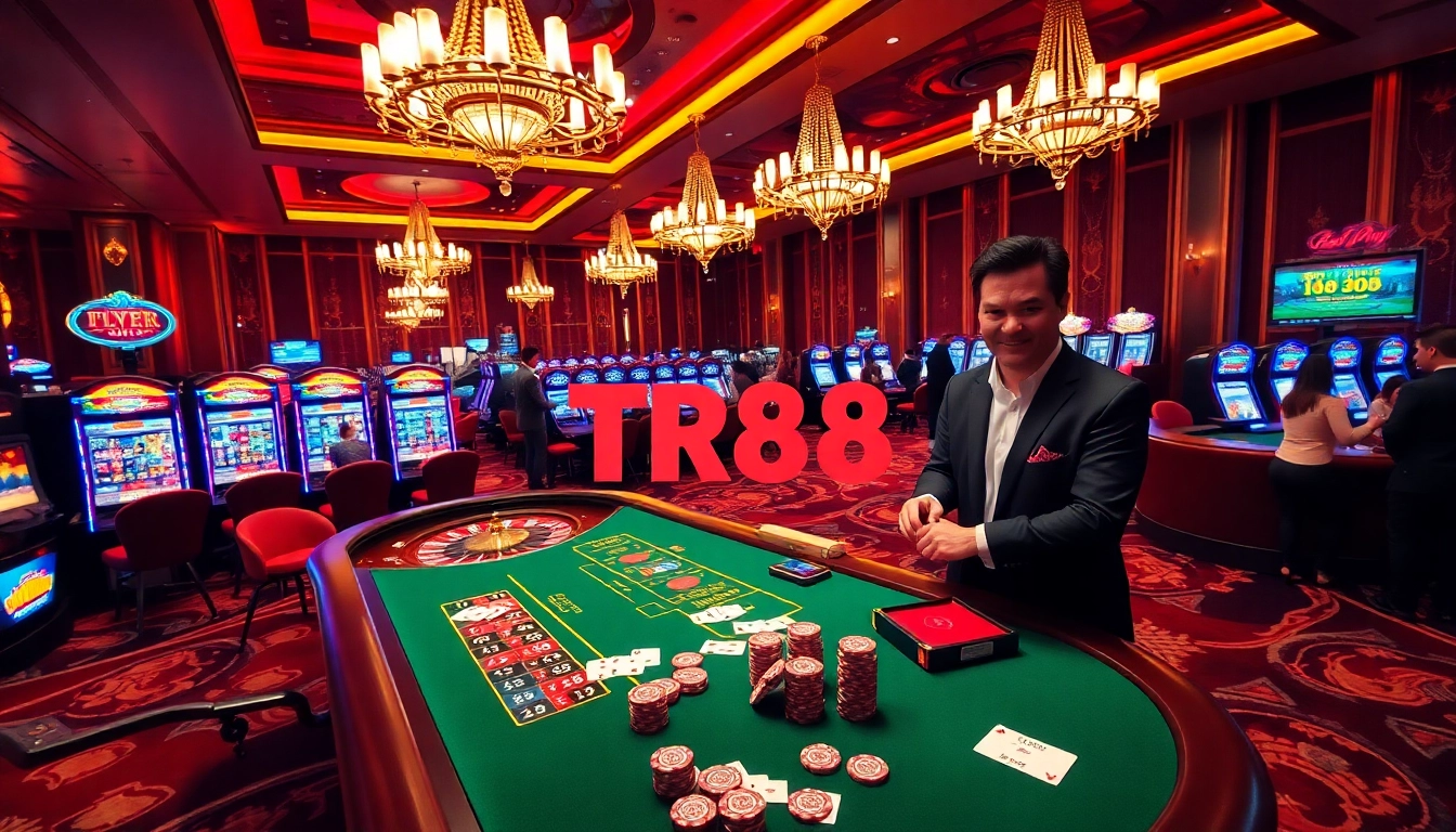 Players enjoying a thrilling moment at a casino table featuring TR88 games and vibrant atmosphere.