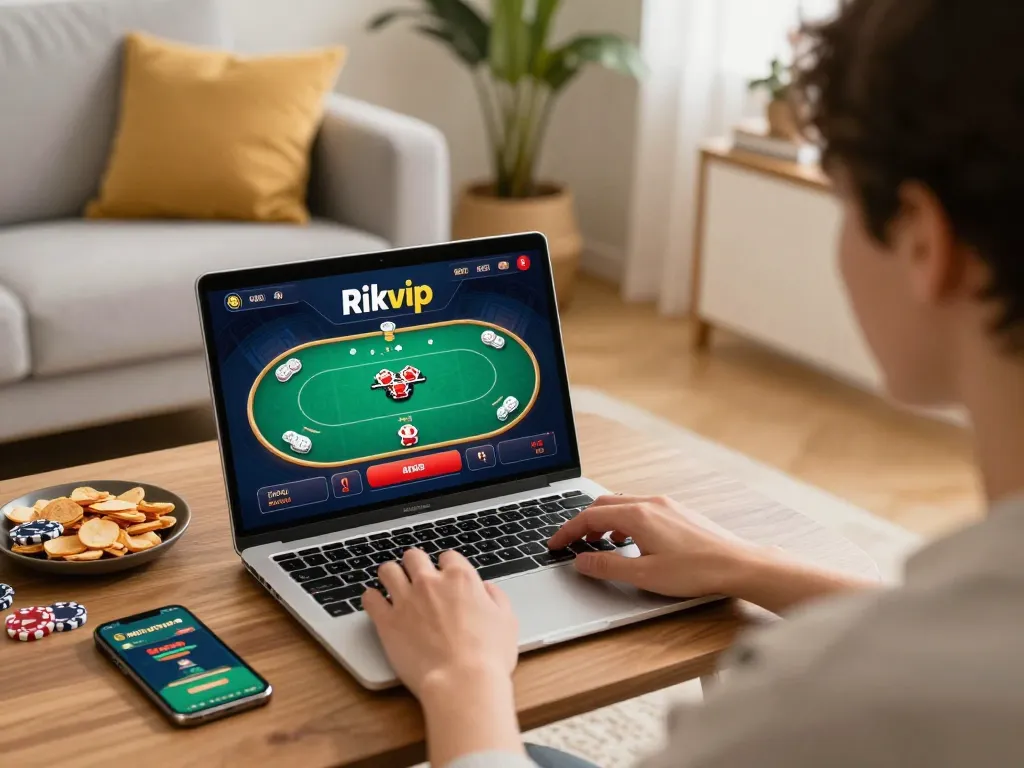 Engaging in rikvip casino gameplay on a laptop in a cozy home setting, showcasing strategic online gaming.
