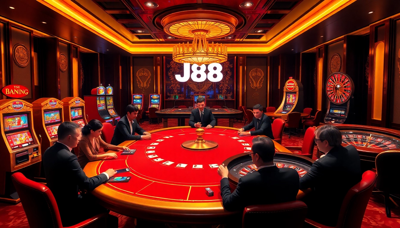 Players engaging in a poker game at J88 casino, showcasing luxury and excitement.