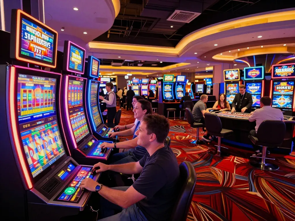 Players enjoying diverse games at OKFUN casino, with bright slot machines and lively atmosphere.