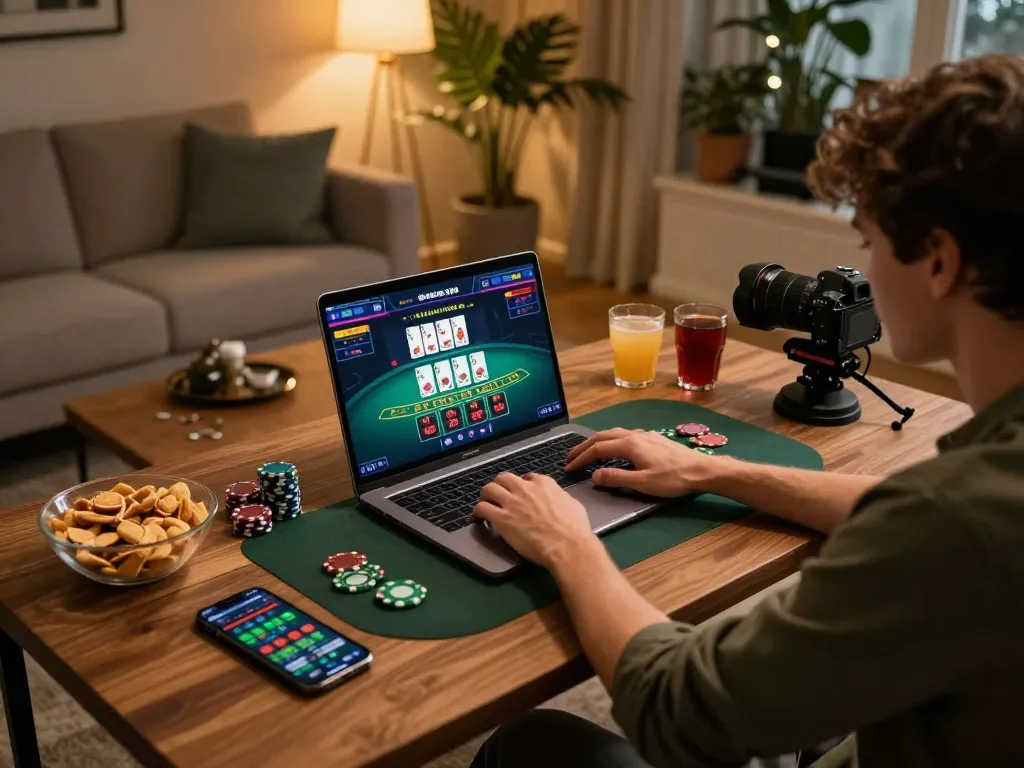 Engaged player using goal123 for online gaming in a cozy home setting, showcasing live dealer interaction.