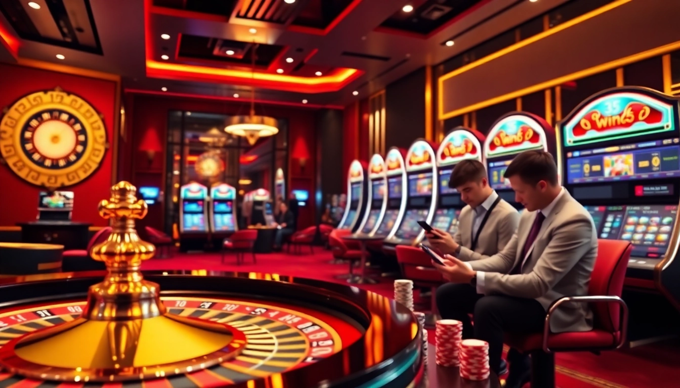 A vibrant online gambling scene showcasing trang chủ win55 with roulette, poker chips, and slot machines.