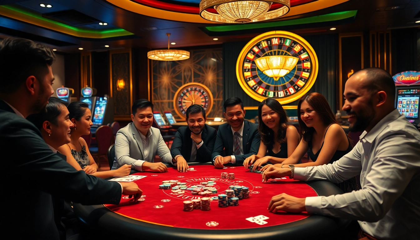 Experience the thrill of cucu777 at an upscale casino table with diverse players and vibrant chips.