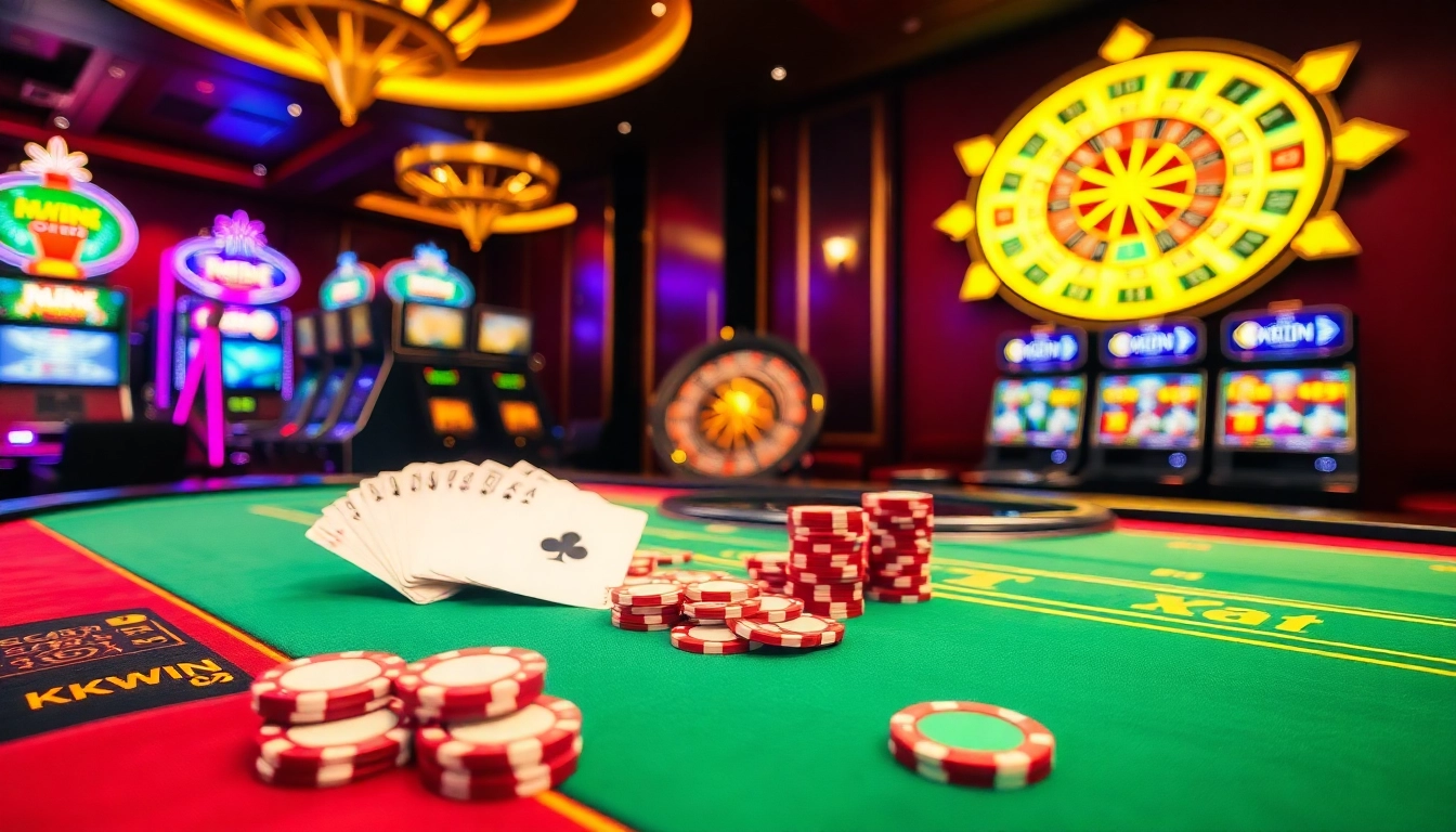 Experience excitement at a lively KKWIN casino gaming table with vibrant poker chips and cards.