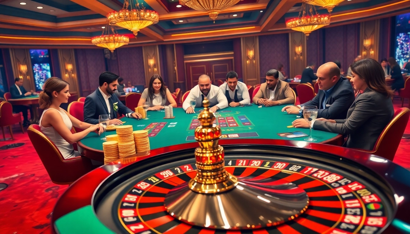 Engaging players at the 8K8 Casino poker table with chips and a spinning roulette wheel.