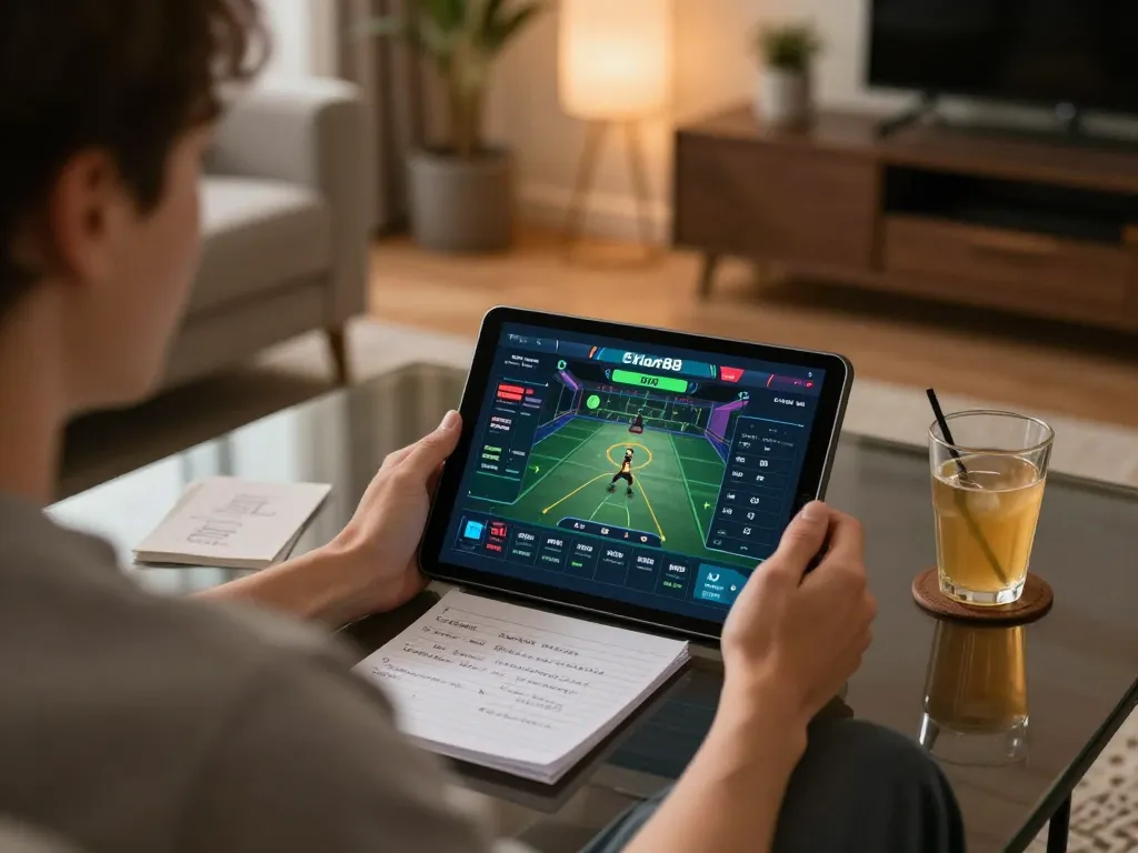 Person engaging with Parlay Skor88 on a tablet in a cozy living room setting, highlighting sports betting.
