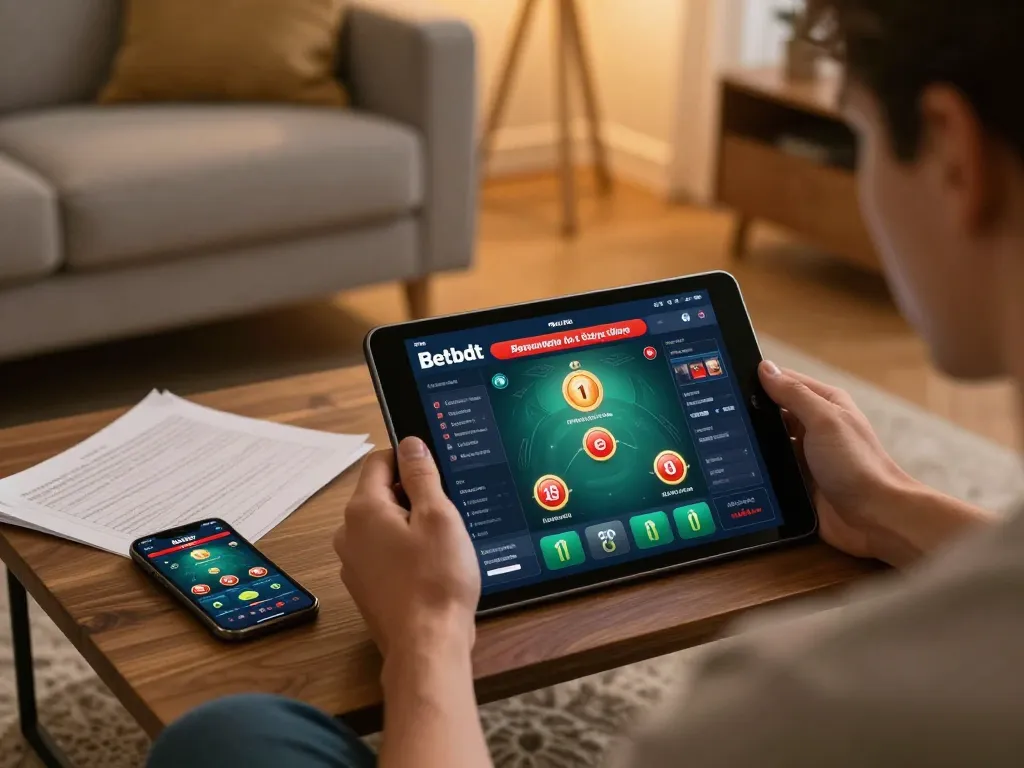 Player using the Betbdt app on a tablet, showcasing responsible online gambling in a cozy home setting.