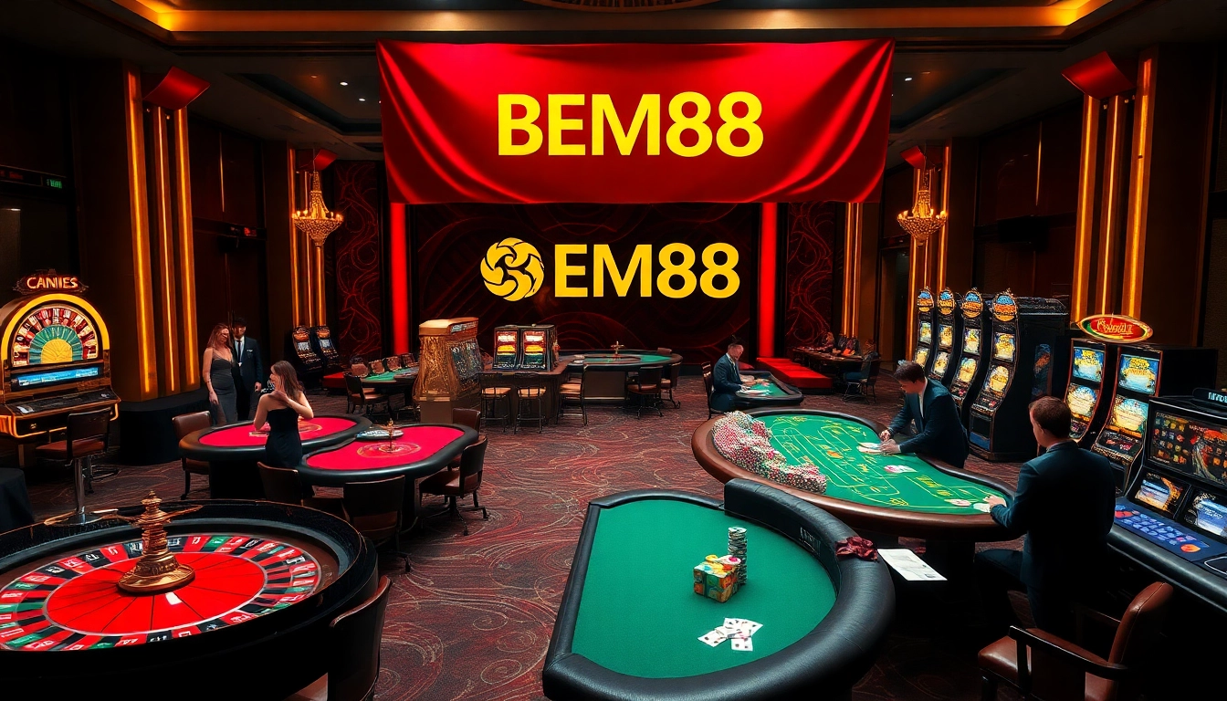 Exciting casino gaming experience at https://bem88.com with roulette wheel and poker players.