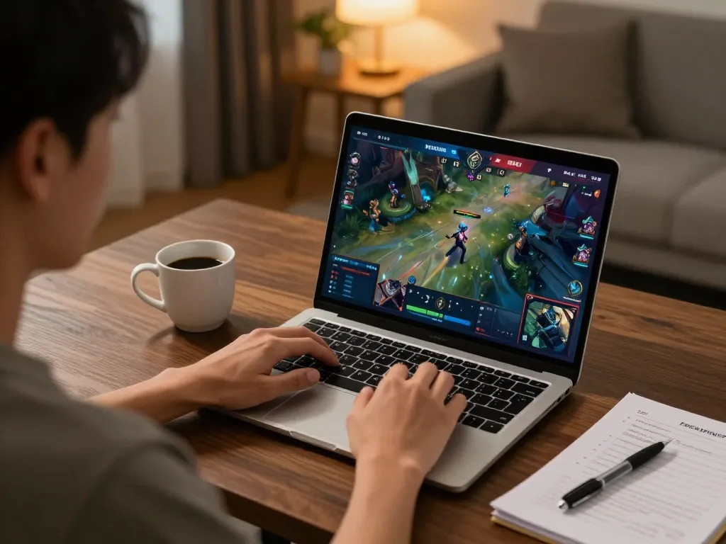 Engaging in esport betting Singapore with a laptop, showcasing a live match and strategy notes in a cozy home setup.