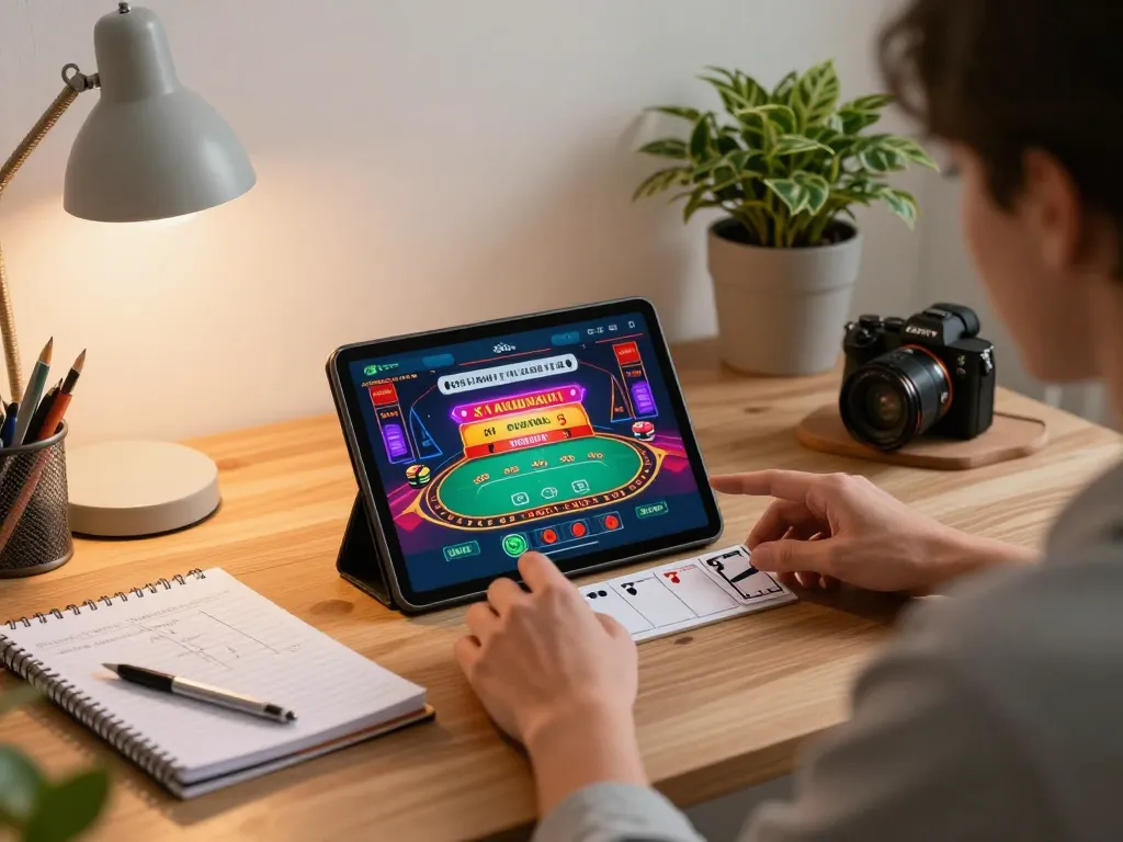 Engaged player enjoying blackjack at 45678 casino on a tablet in modern home setting.