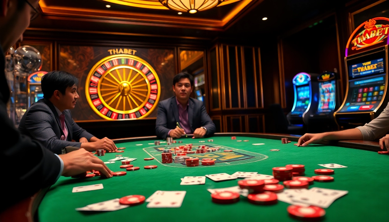Players enjoying THABET-themed casino games with vibrant tables and luxurious ambiance.