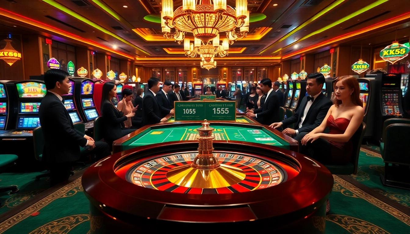 Players enjoying a thrilling game at KK55 casino with roulette chips and vibrant slot machines.