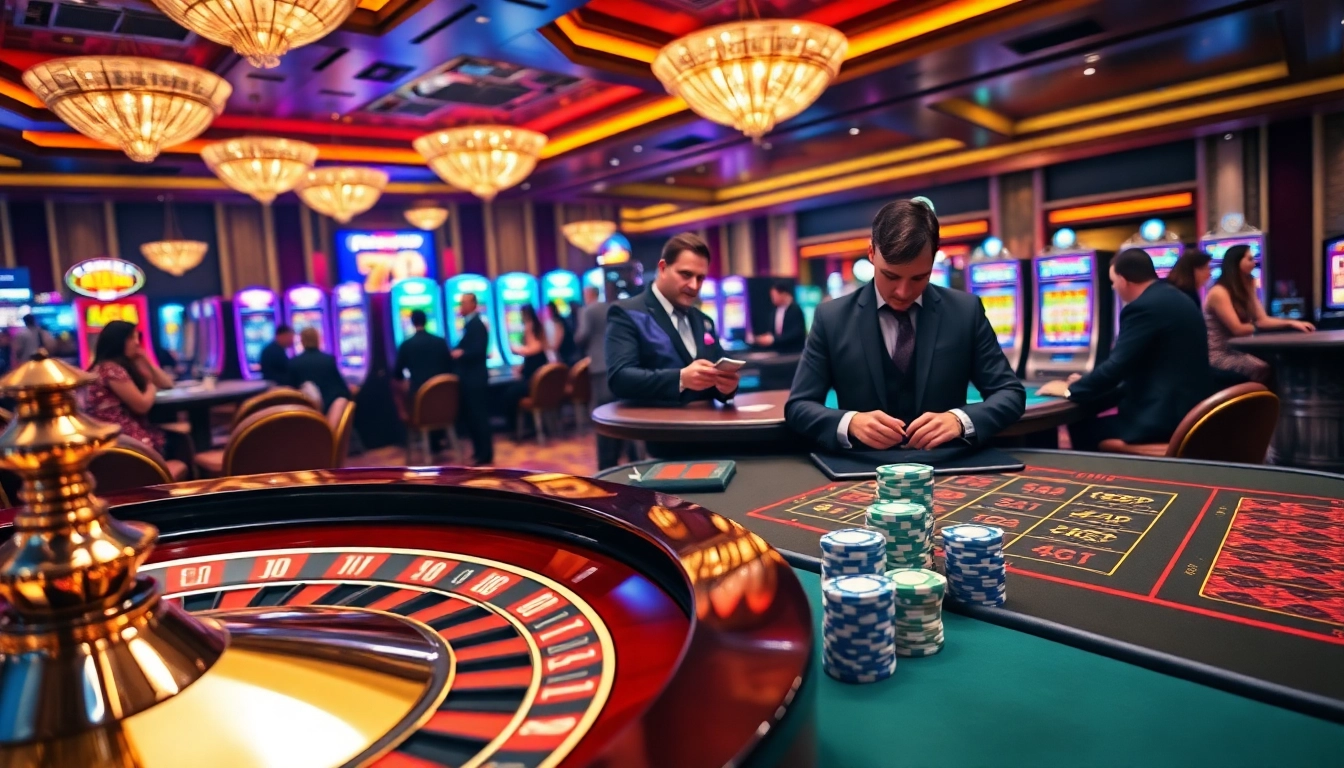 Experience the excitement of gambling at 79win with poker chips and a roulette wheel in a luxurious casino setting.