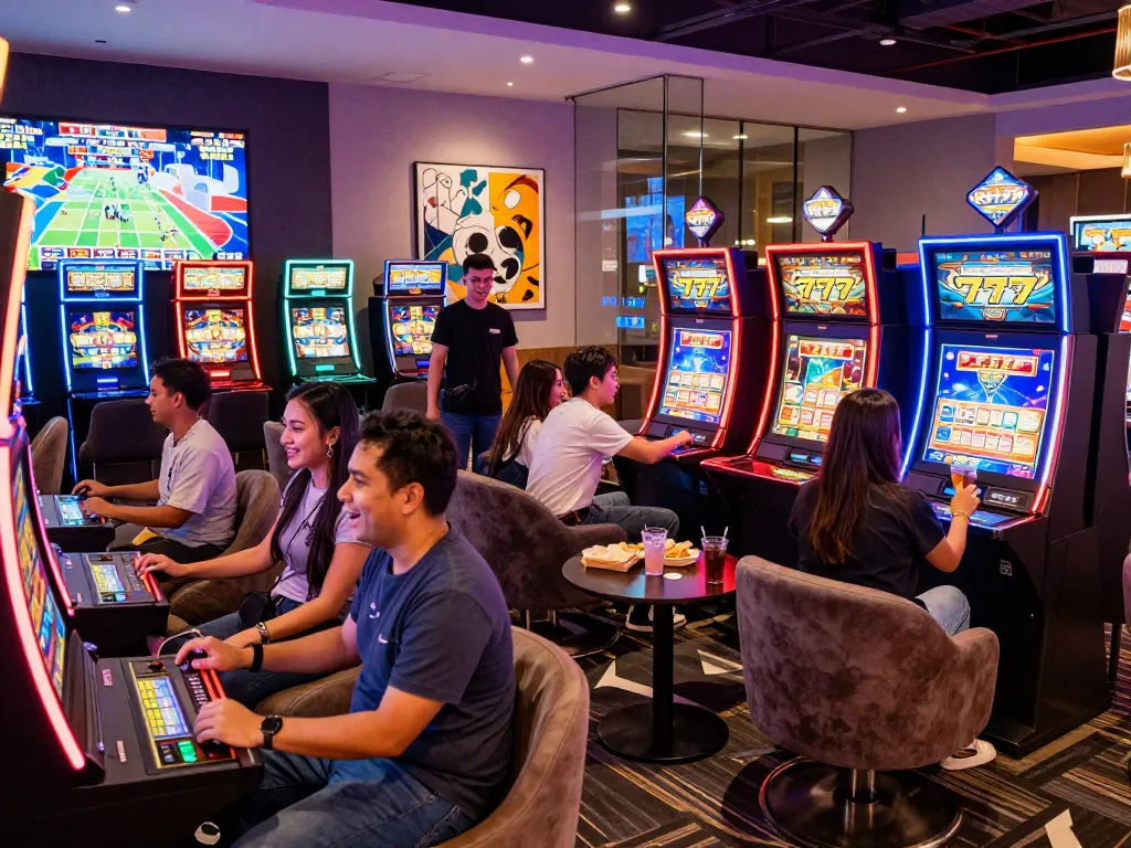Excited group enjoying slot gacor 777 gaming in a vibrant casino lounge.