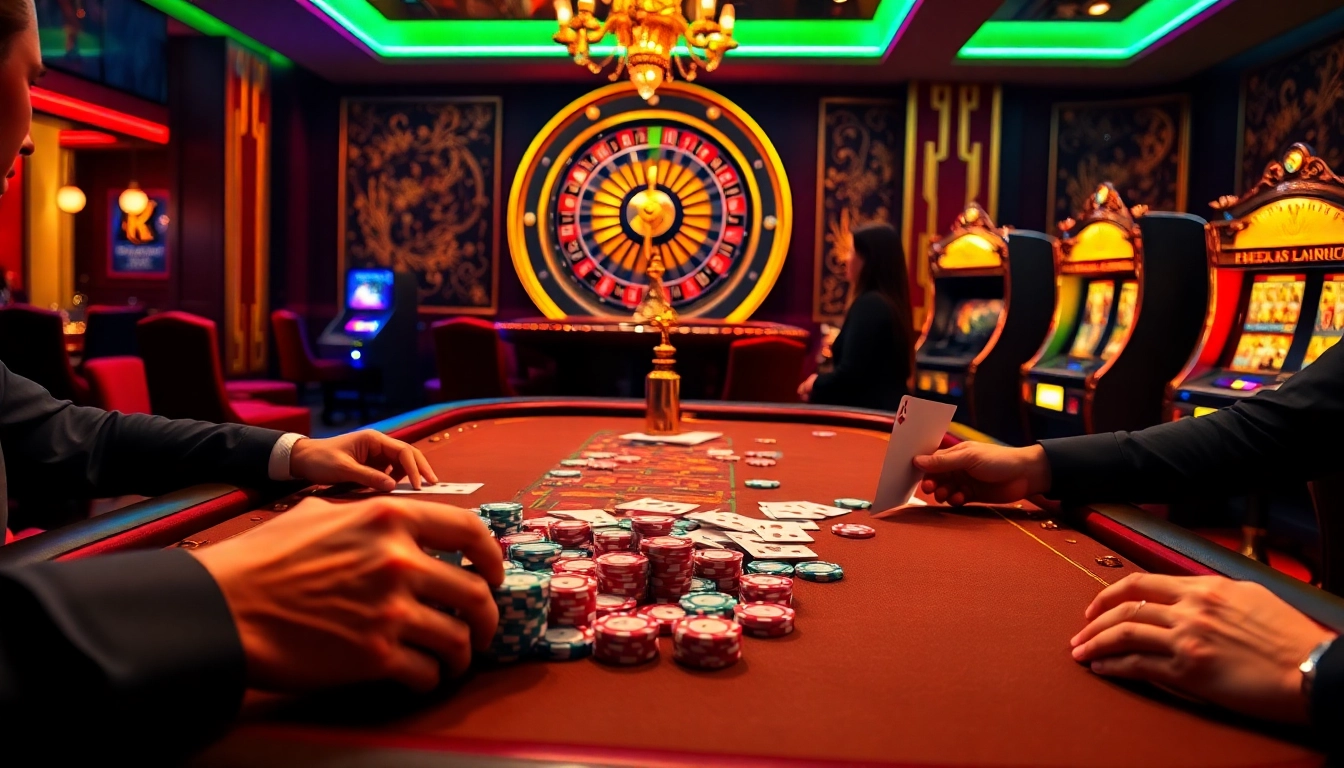 Players enjoying an intense poker game at OKFUN's luxury casino, surrounded by vibrant casino elements.