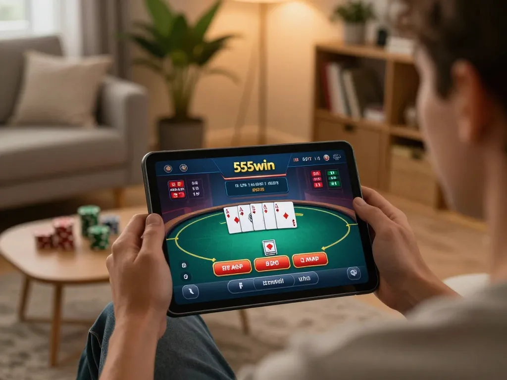 Enjoying a poker game on 555win platform in a cozy home setting, tabletop filled with strategy notes.
