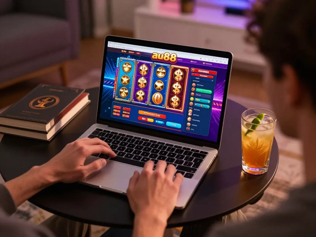 Player enjoys gaming at au88 casino on laptop, showcasing vibrant online interface