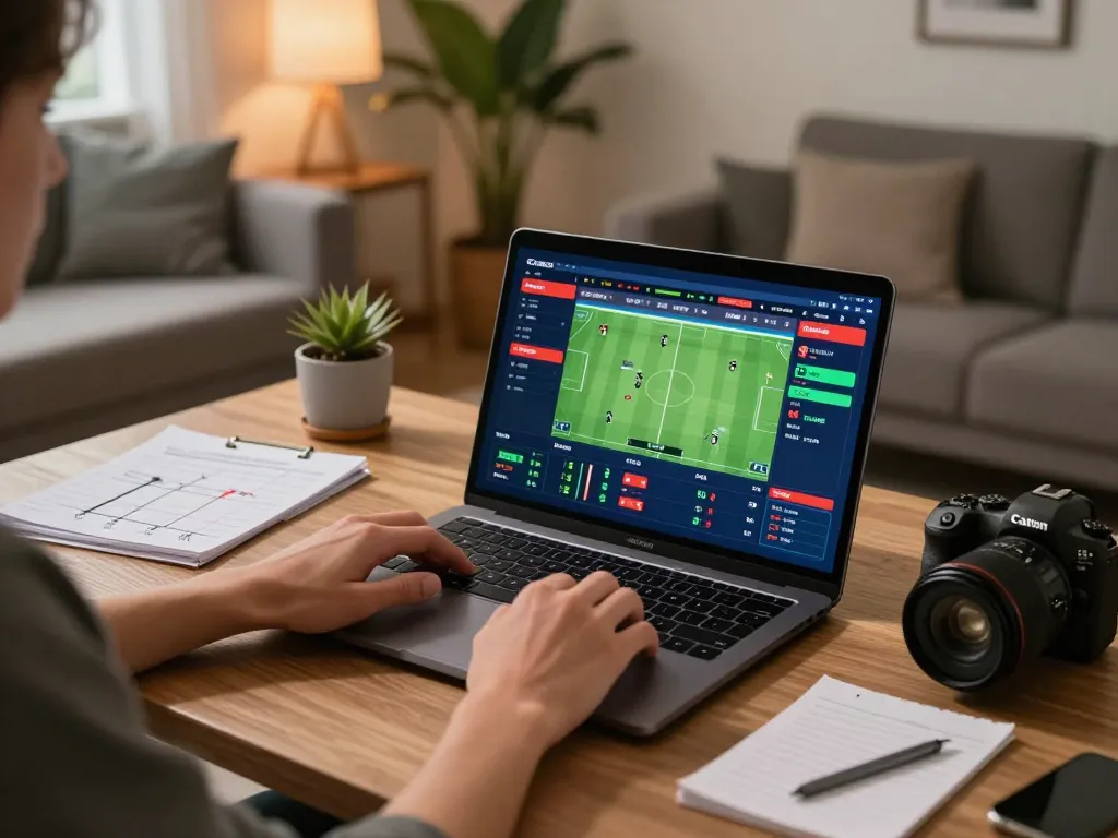 Person actively betting on sports at https://rr888.shopping/ using their laptop in a cozy home office.