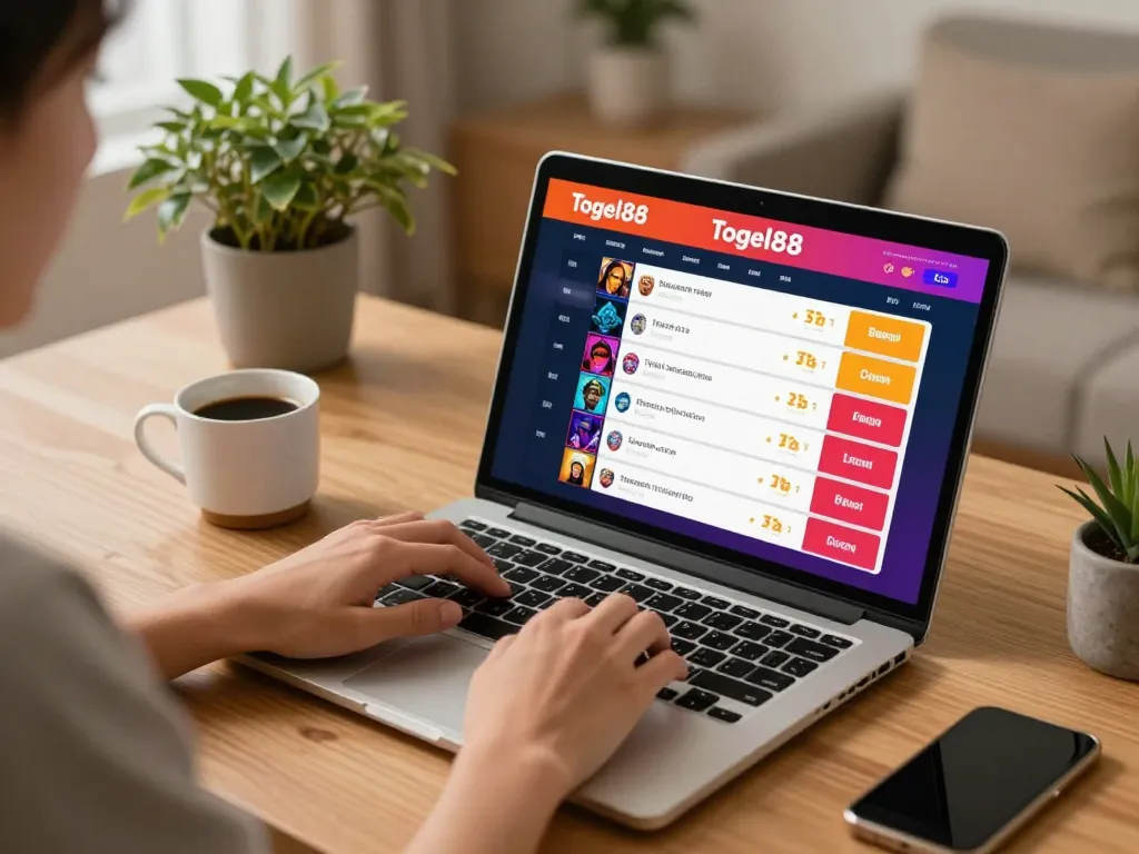 Togel88 Login Link Alternatif displayed on a laptop screen during online gambling session at home