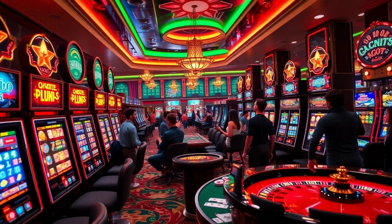 Players enjoying the thrill of Situs Gacor slot machines in a lively casino atmosphere.
