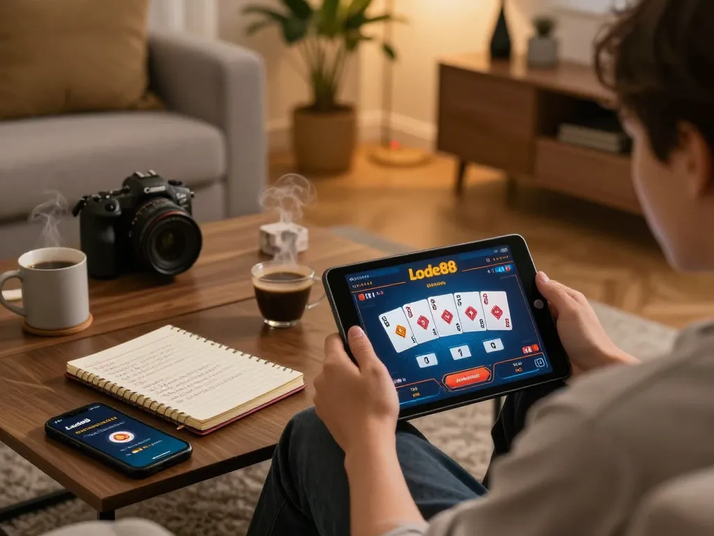 Player engaging with the lode88 platform on a tablet, highlighting online gambling strategy in a comfortable home setting.
