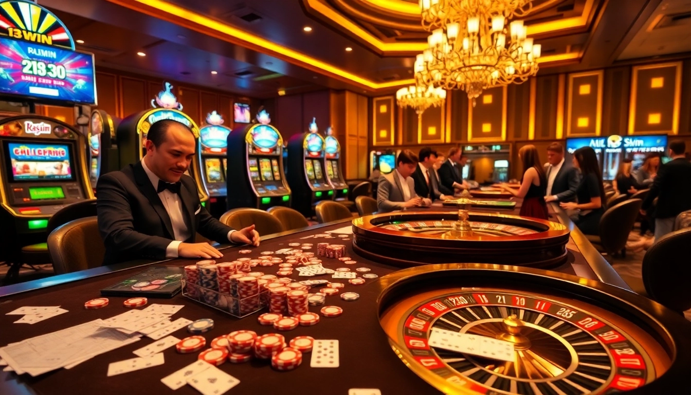 Exciting casino action at 13win with vibrant tables, poker chips, and slot machines.