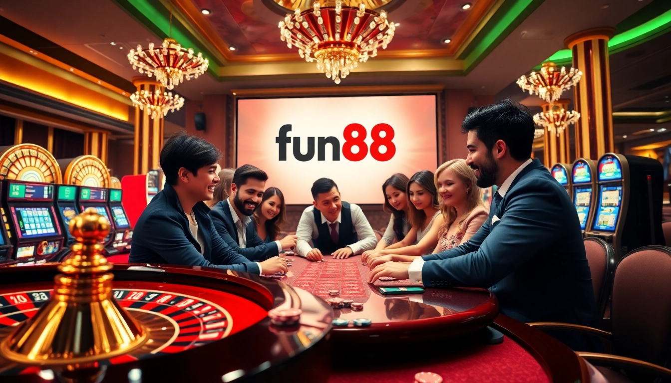 Engage in thrilling gameplay at fun88's vibrant casino, featuring poker chips and roulette.