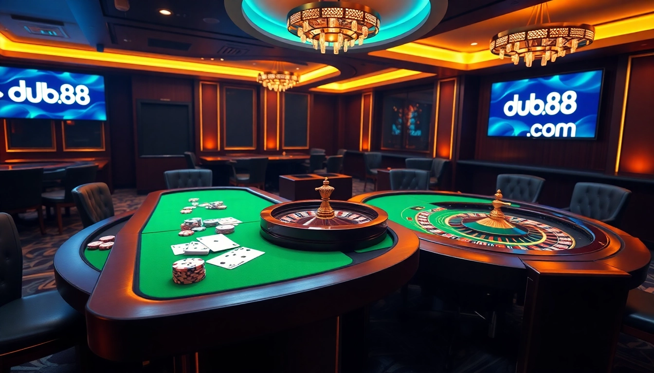 A dynamic online gambling experience at du88.com featuring poker chips and a roulette wheel.