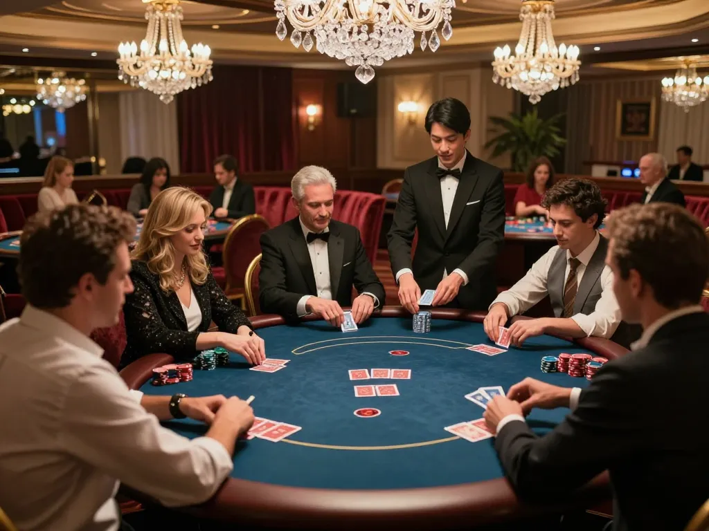 Players engaged at a luxurious 777VIP poker table in an elegant casino setting.