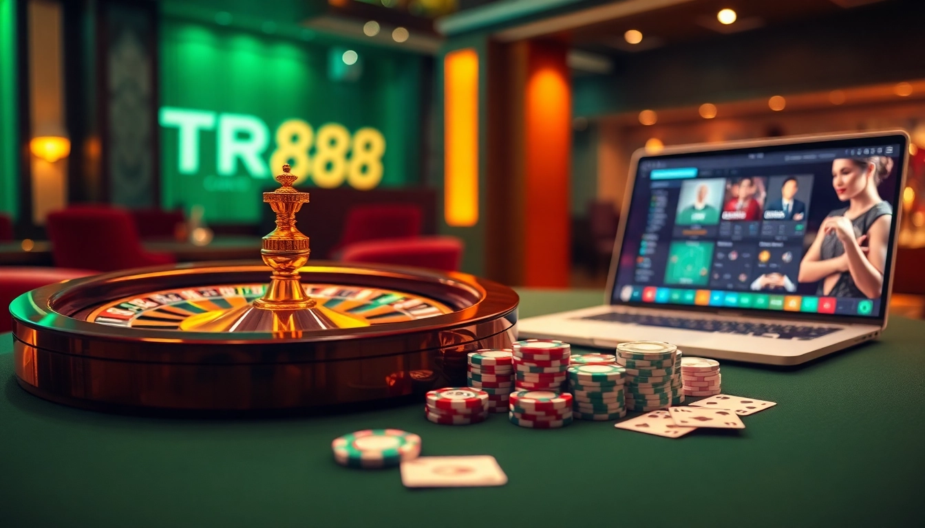 Players engaged in thrilling casino games at TR88, showcasing poker chips and roulette.