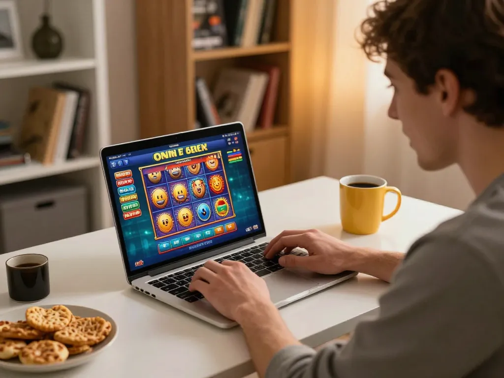 Player enjoying online pokies Australia on laptop with vibrant game interface at home