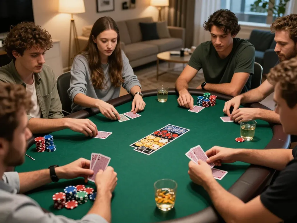 Players enjoying Poker 88 Login at home poker night, engaged in strategic card gameplay.