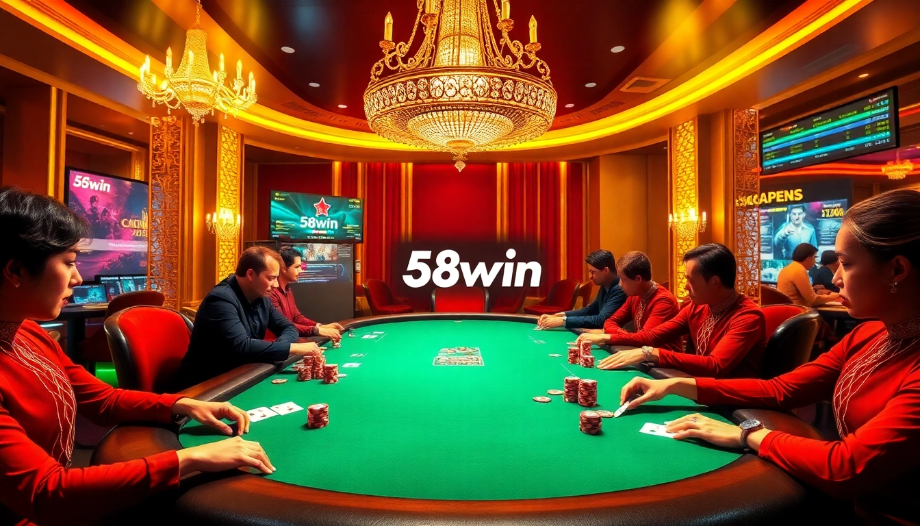 Excited players at a 58win poker table enjoying a thrilling game night.