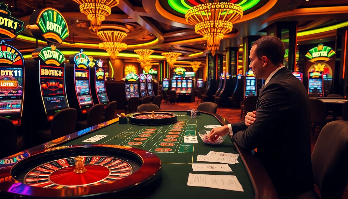 Players engaging with BDTK1-themed slot machines in a vibrant casino setting.