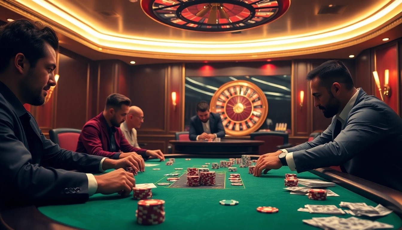 Experience the thrill of pokergacor with players engaged in a high-stakes poker game at a luxurious casino table.