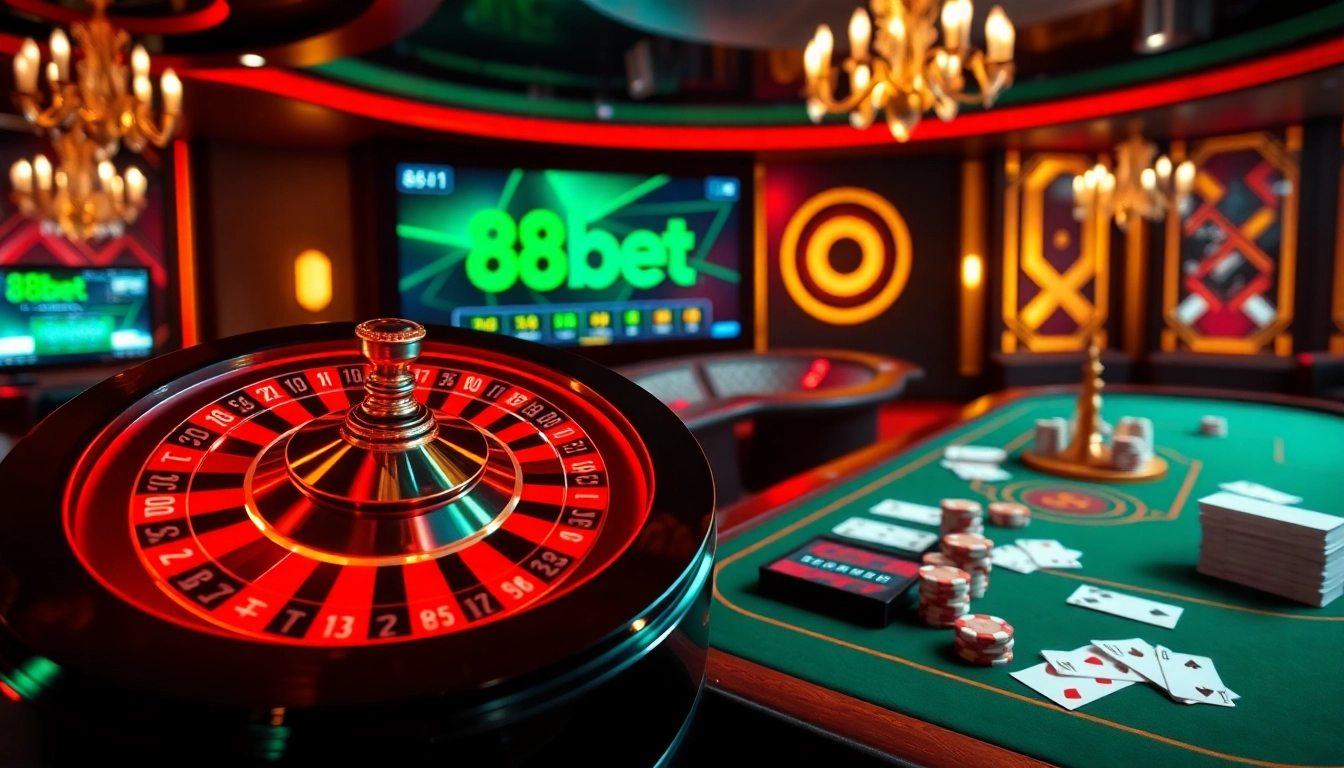 Dive into thrilling gambling at 88bet with an engaging roulette wheel and poker table scene.
