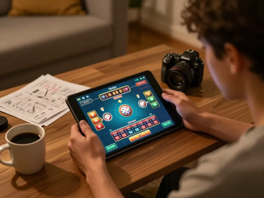 Tài xỉu online gameplay on tablet with vibrant interface, depicting a responsible gaming atmosphere at home.