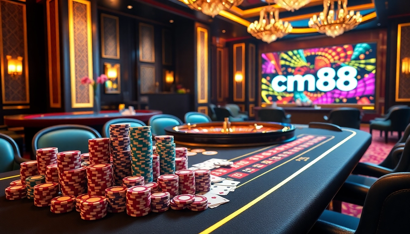Experience the thrill of gambling with Nhà cái cm88 as players engage at a luxurious casino table surrounded by vibrant poker chips.