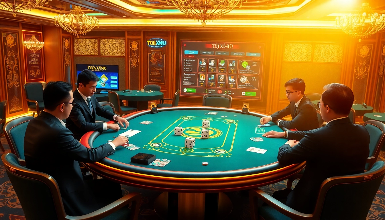 The thrill of online TÀI XỈU gameplay at https://taixiumd5.fan/, showcasing dice and engaged players in a luxurious casino setting.