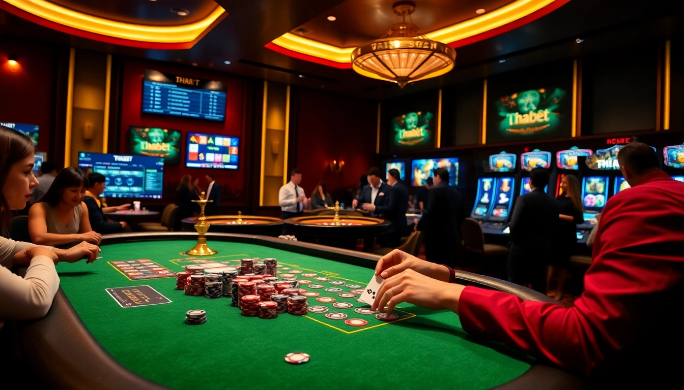 Experience the thrill of THABET casino with vibrant tables, dealers, and digital slot machines.