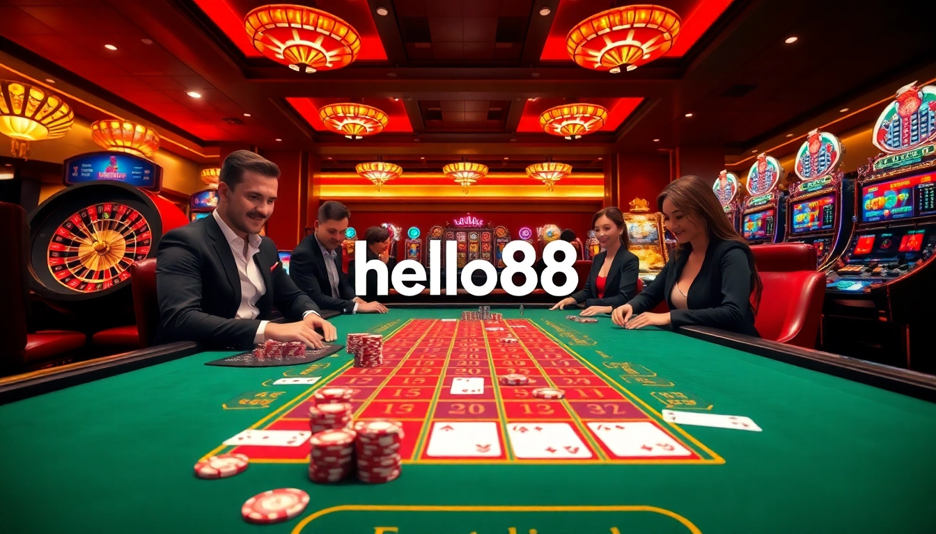 Experience the thrill of gambling at hello88 with an elegant casino scene showcasing exciting gaming moments.