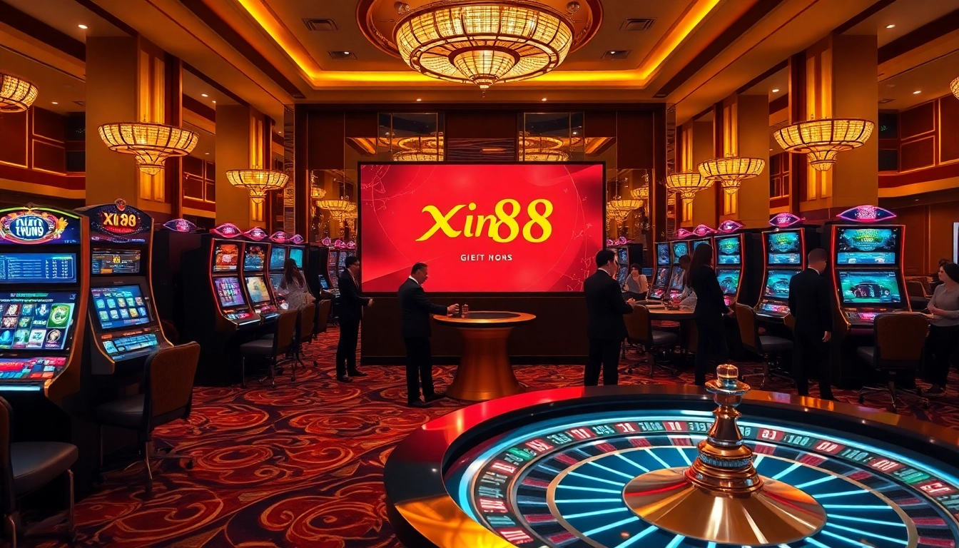 Exciting casino atmosphere with Xin88 logo featuring vibrant slot machines and poker tables.