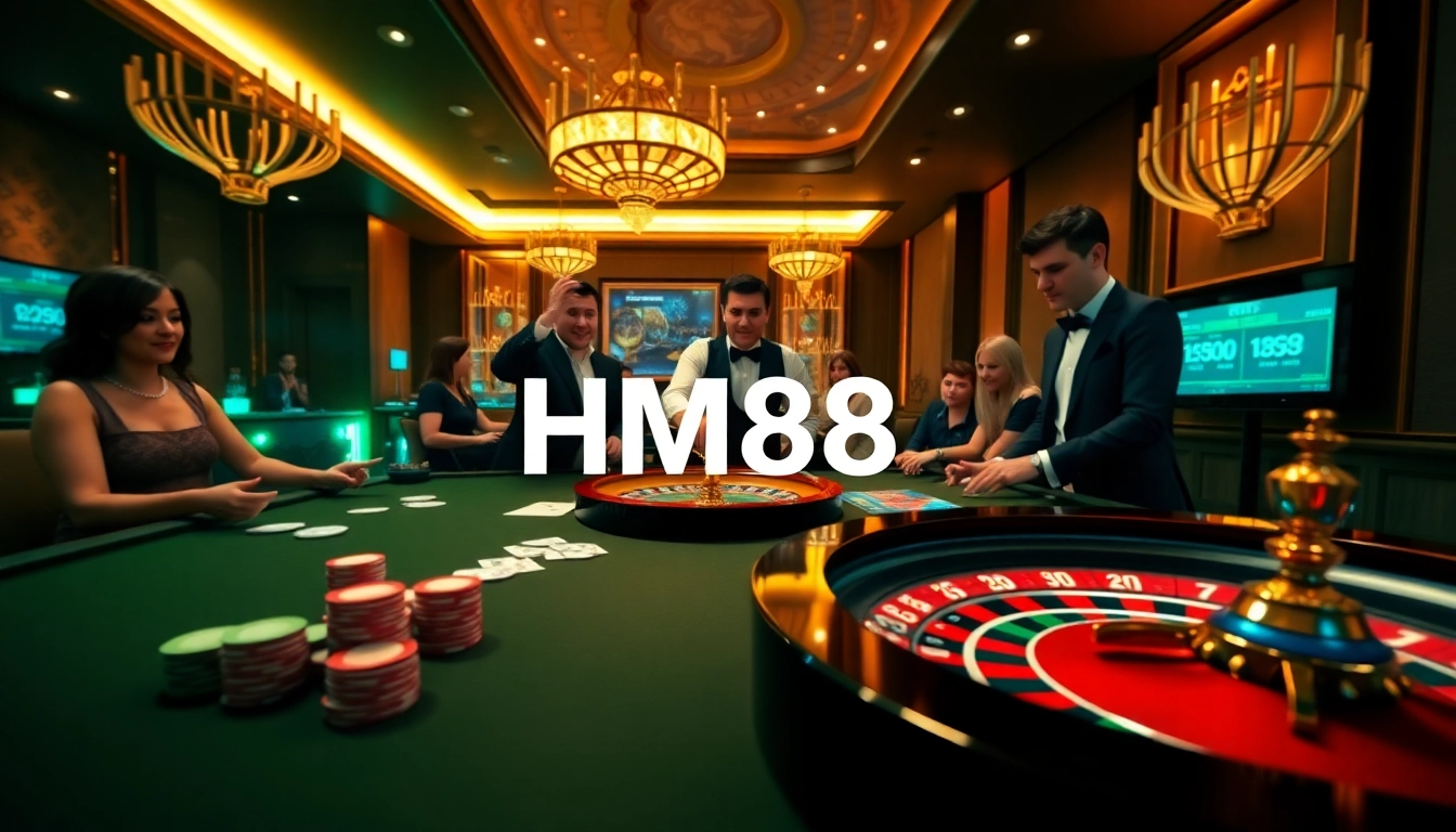 HM88 players enjoying an exciting casino experience with poker chips and a roulette wheel.